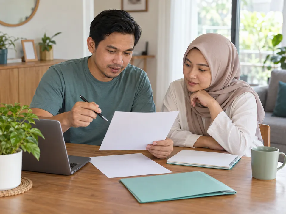Ilustrasi dua pelanggan menyemak kertas kosong bersama buku nota dan fail pudina di rumah.