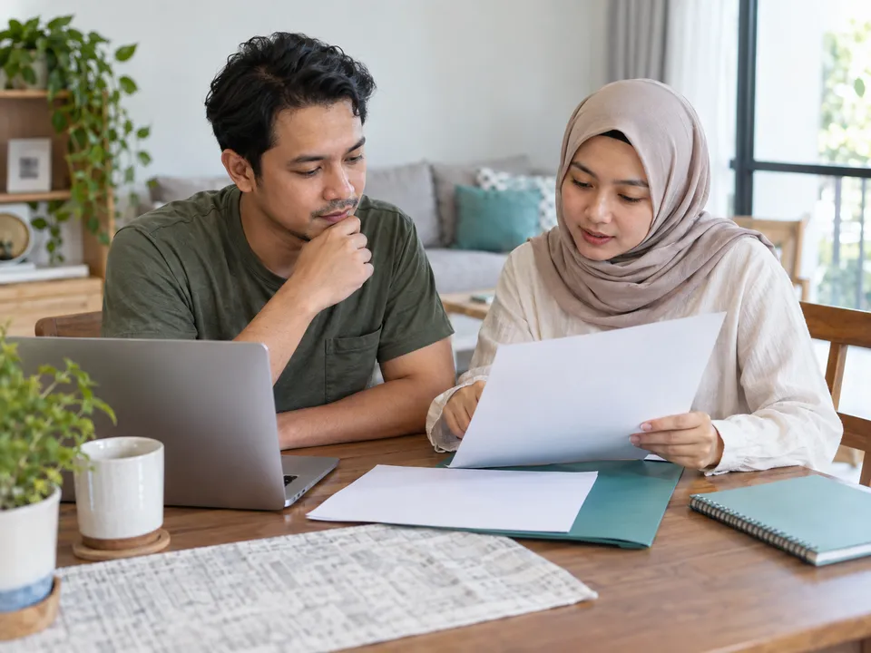 Ilustrasi dua pelanggan menyemak helaian brief kosong bersama komputer riba dan fail pudina.